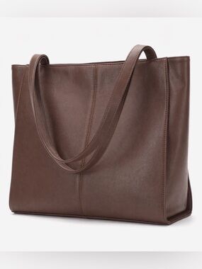 Vintage Dark Brown genuine Leather Zipper Tote Bag, with laptop compartment.